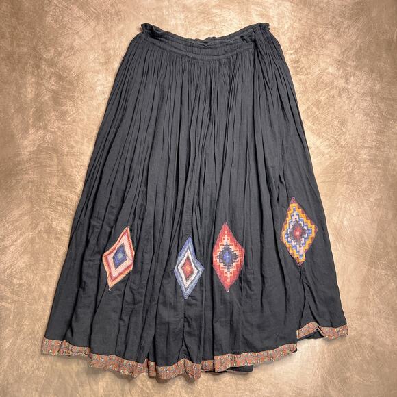 Vintage Y2K Gazebo Southwestern Diamond Patchwork Maxi Skirt Black Lightweight - Picture 1 of 6